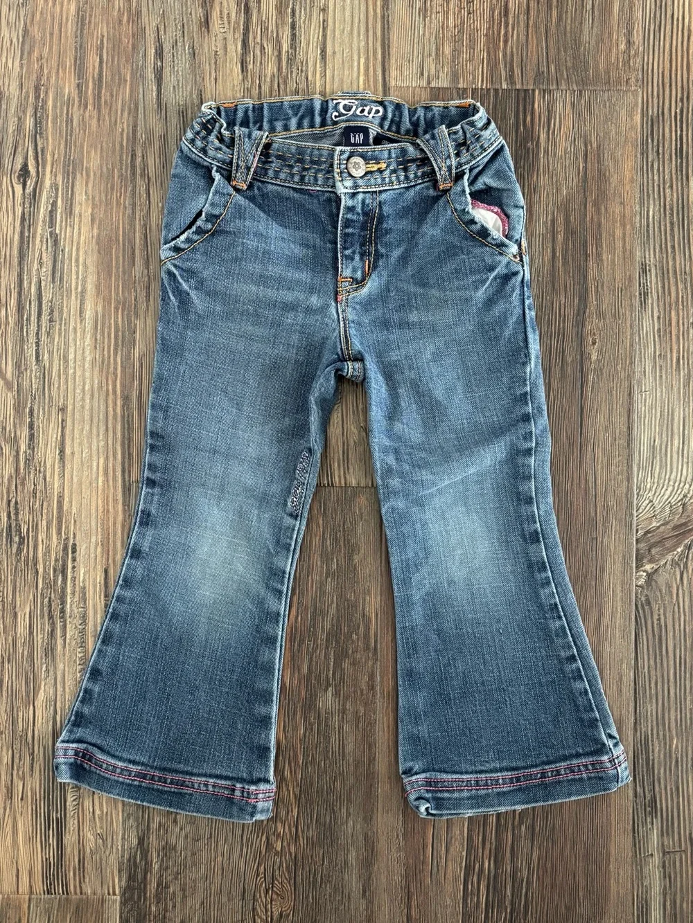 Y2K Baby Gap Denim Stretch Jeans 3T Blue Pink Stitch “Gap 1969” Embroidered ‘06